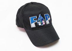 Black baseball cap embroidered with the Frozen Planet swirl and the letters F and P