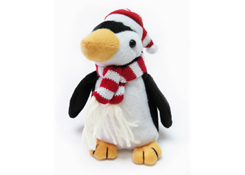 Plush penguin wearing a red and white striped knit hat and scarf